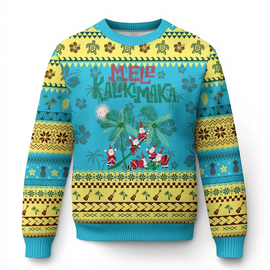 Hawaiian Xmas Ugly Christmas Sweater Mele Kalikimaka Santa Climb Palm Tree - Wonder Print Shop