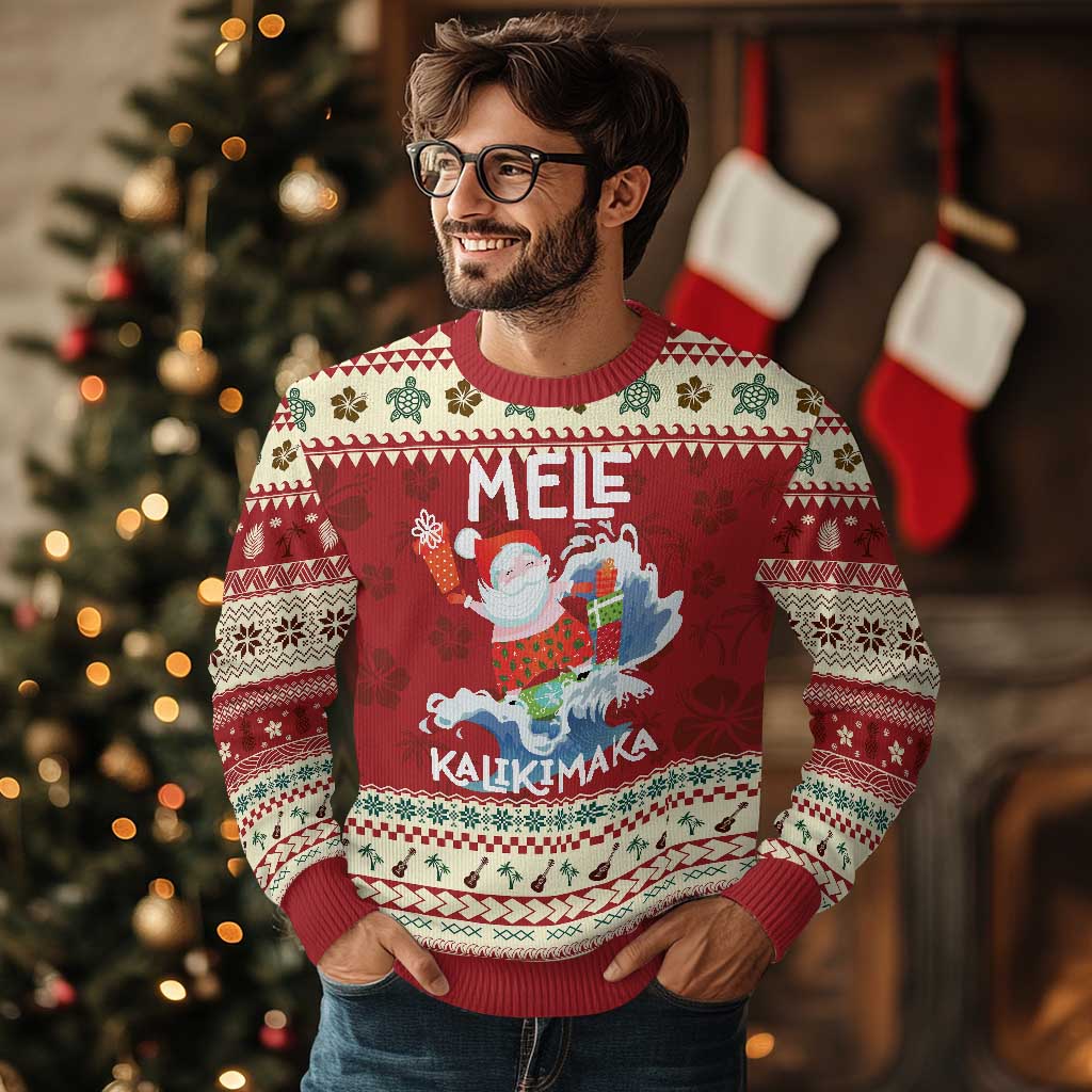 Mele Kalikimaka Ugly Christmas Sweater Surfing Cute Santa Hawaiian Christmas - Wonder Print Shop