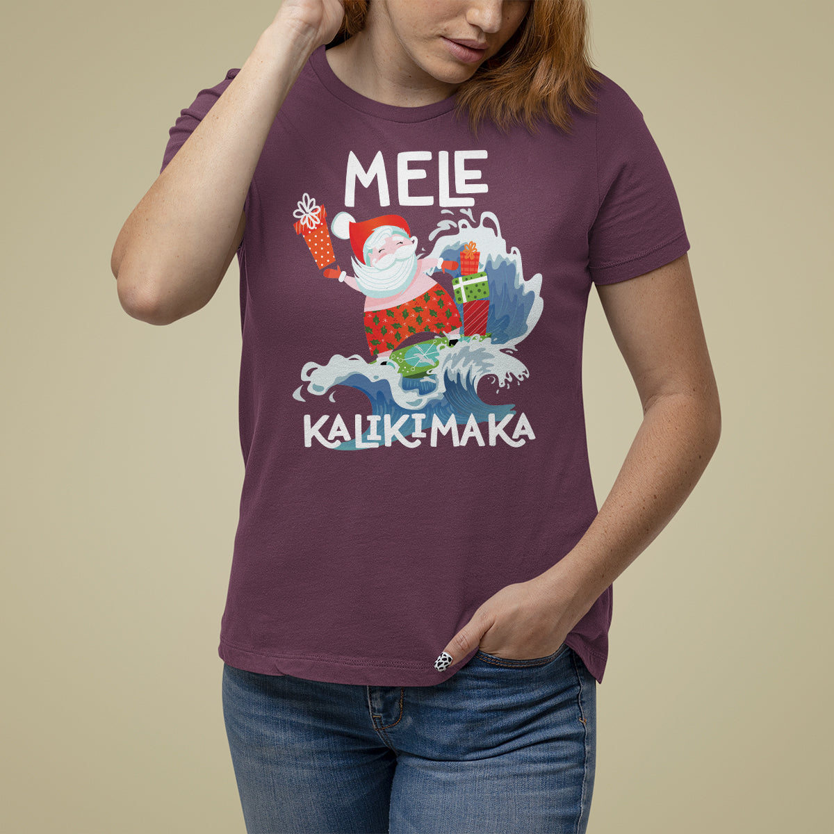 Mele Kalikimaka Surfing Cute Santa Hawaiian Christmas T Shirt For Women - Wonder Print Shop