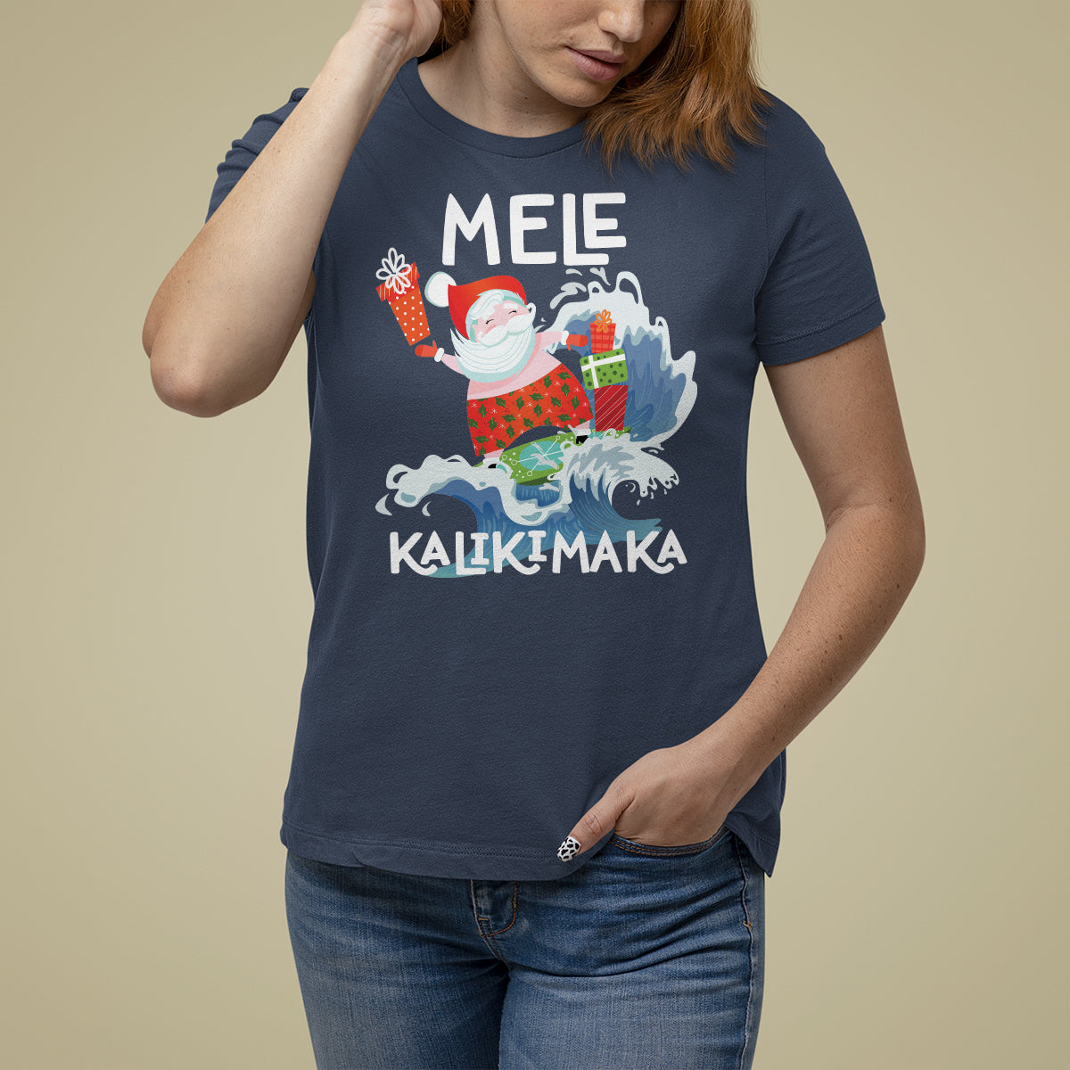 Mele Kalikimaka Surfing Cute Santa Hawaiian Christmas T Shirt For Women - Wonder Print Shop