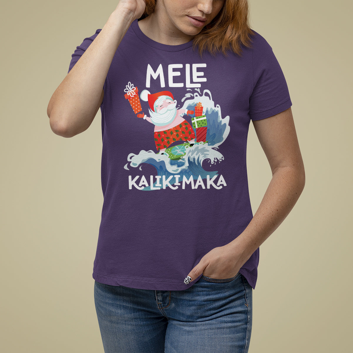 Mele Kalikimaka Surfing Cute Santa Hawaiian Christmas T Shirt For Women - Wonder Print Shop