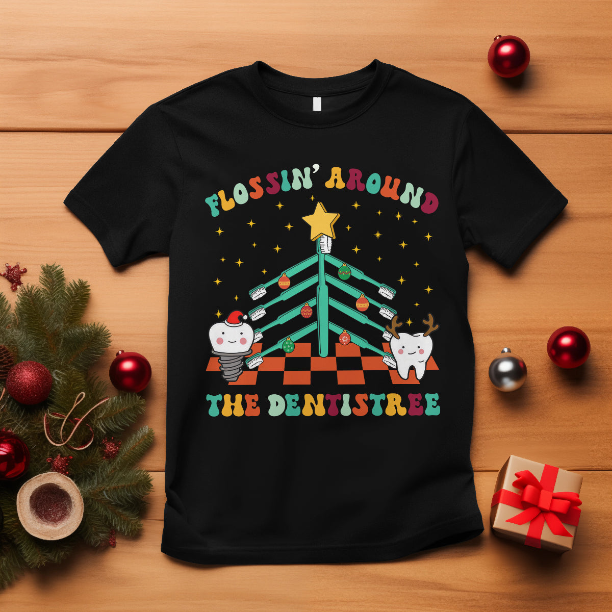 Flossing Around The Dentistree Funny Xmas Dental Hygienist T Shirt - Wonder Print Shop