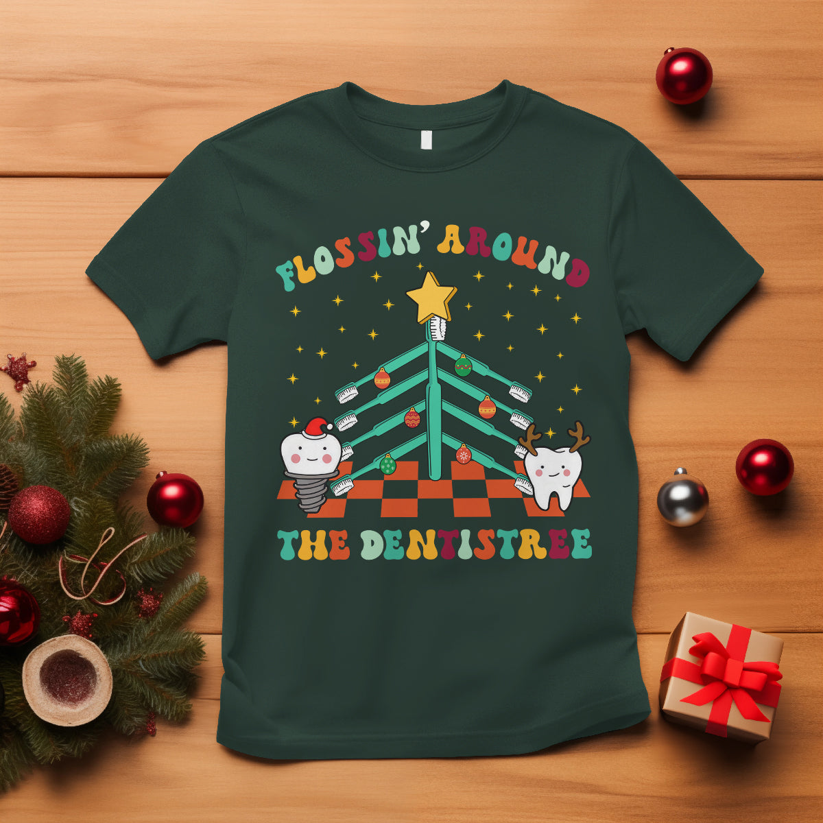 Flossing Around The Dentistree Funny Xmas Dental Hygienist T Shirt - Wonder Print Shop