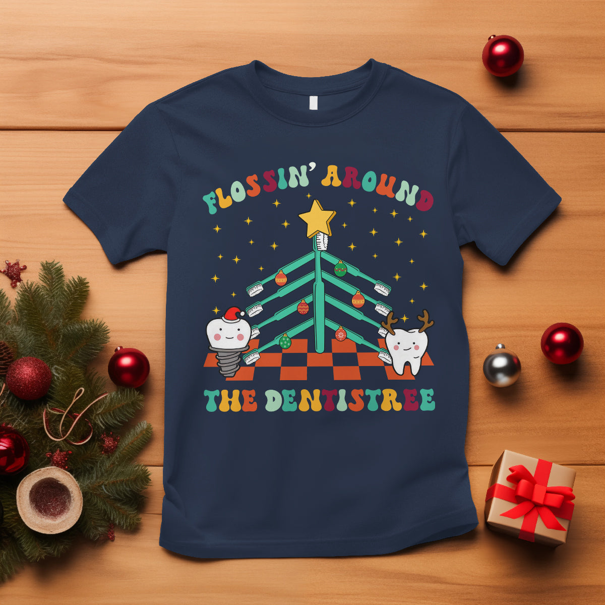 Flossing Around The Dentistree Funny Xmas Dental Hygienist T Shirt - Wonder Print Shop