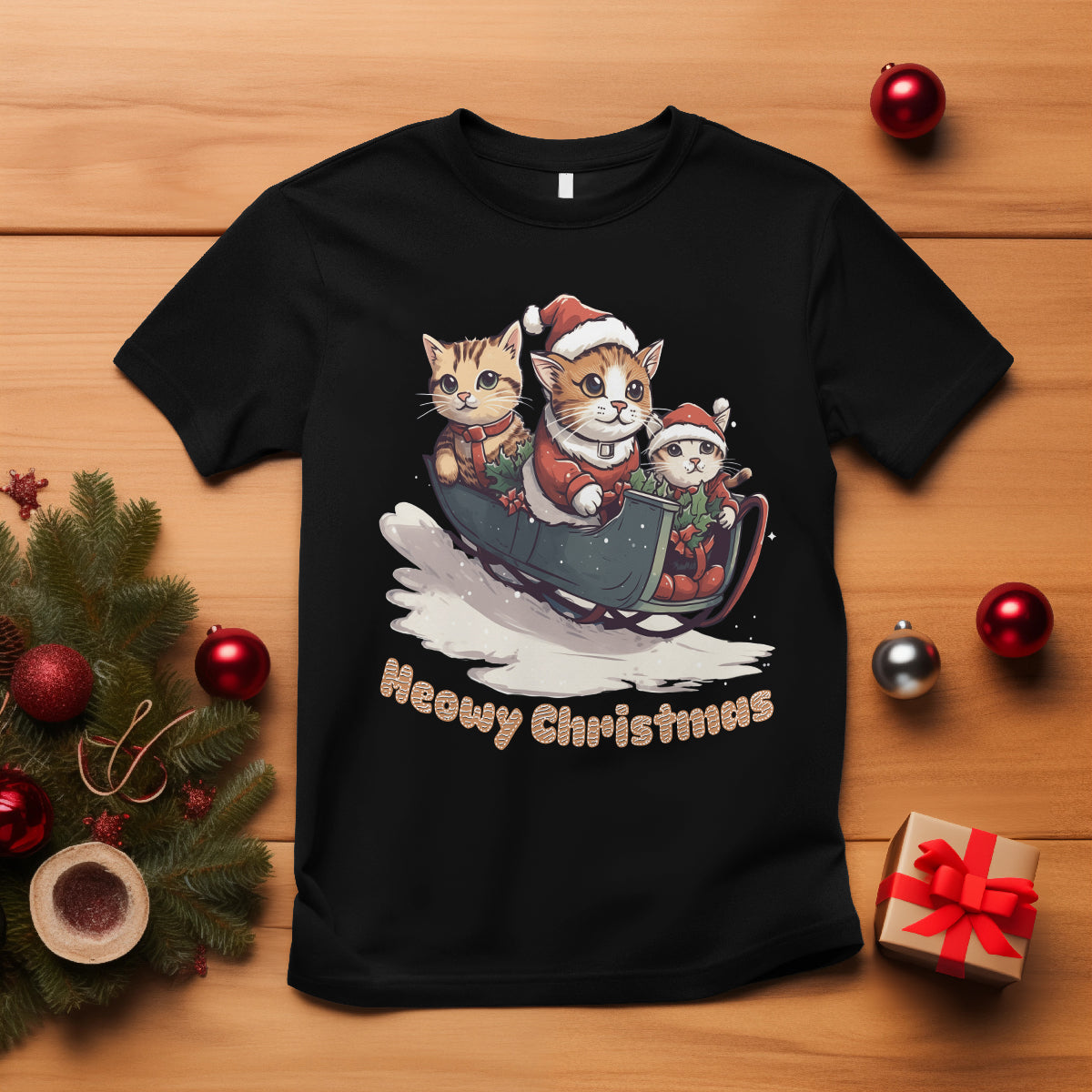 Cat Sleigh Meowy Christmas Holiday Santa Hat T Shirt - Wonder Print Shop