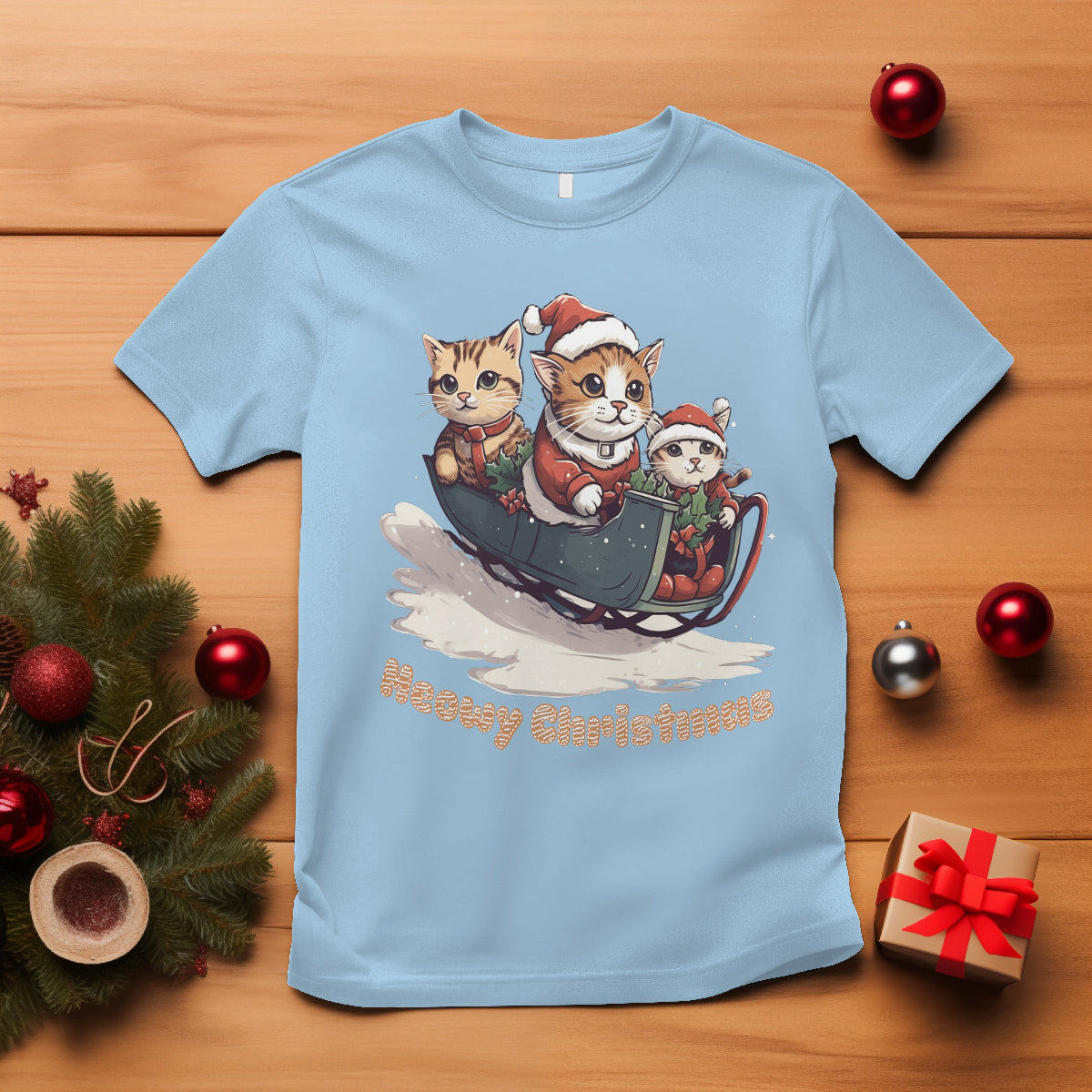 Cat Sleigh Meowy Christmas Holiday Santa Hat T Shirt - Wonder Print Shop