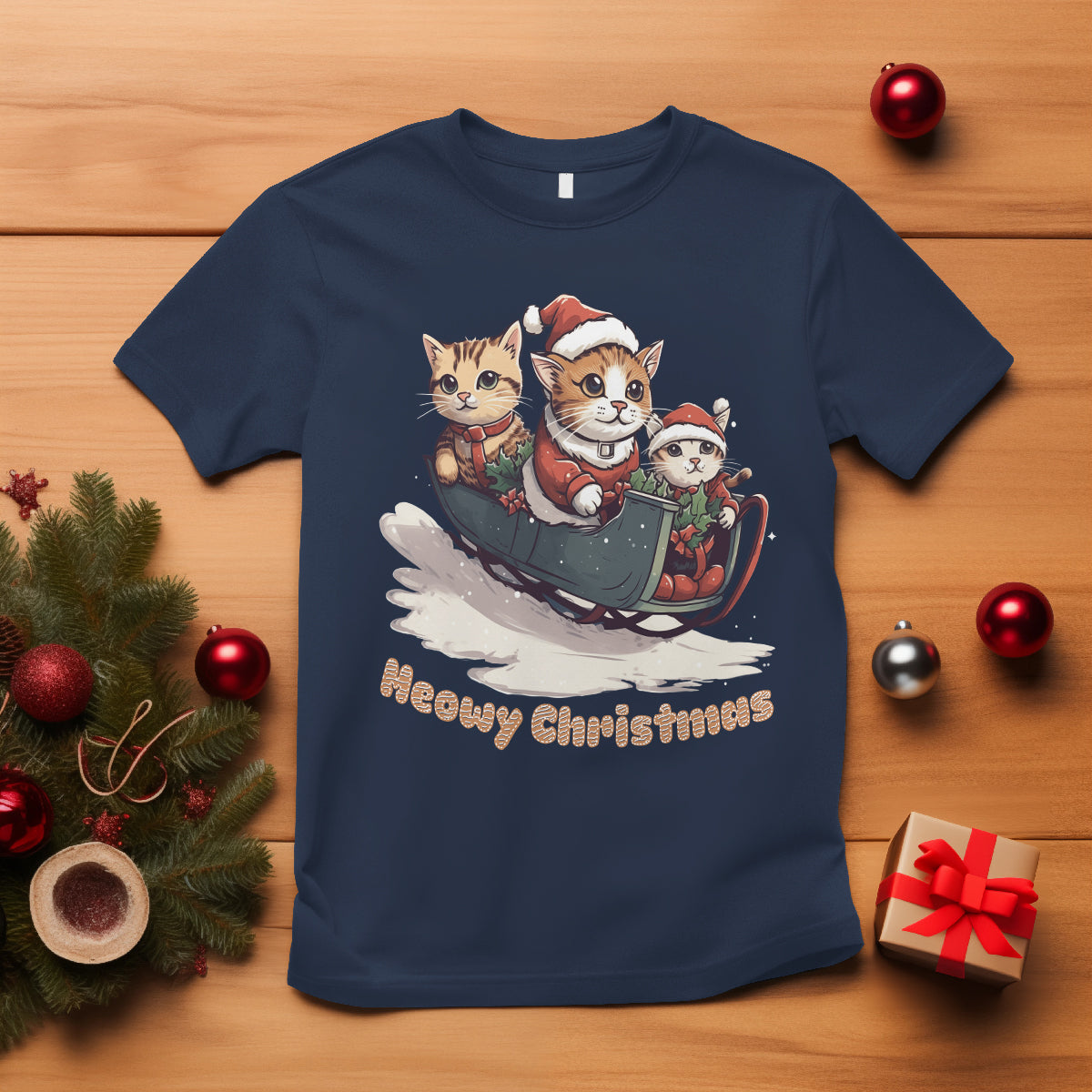 Cat Sleigh Meowy Christmas Holiday Santa Hat T Shirt - Wonder Print Shop
