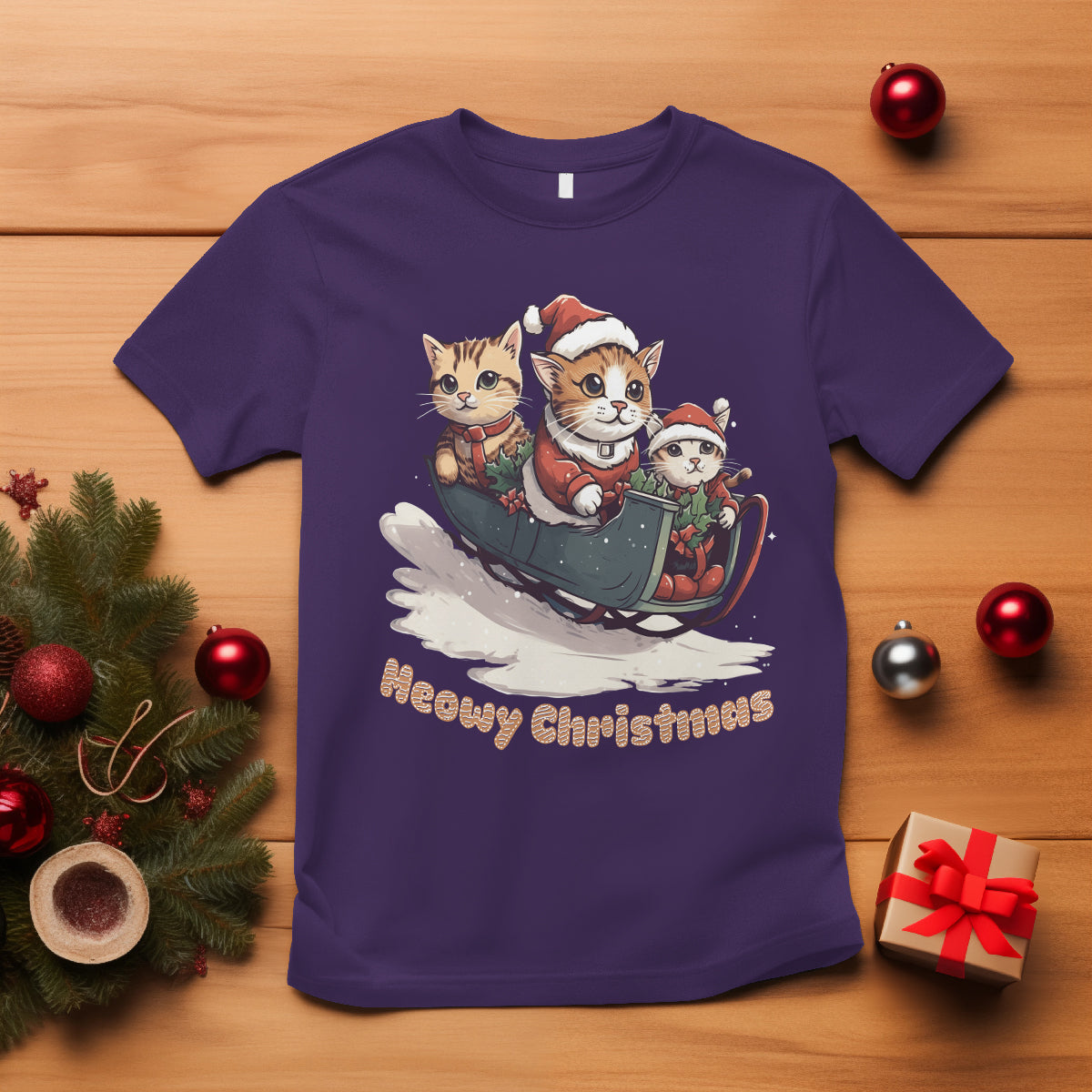 Cat Sleigh Meowy Christmas Holiday Santa Hat T Shirt - Wonder Print Shop