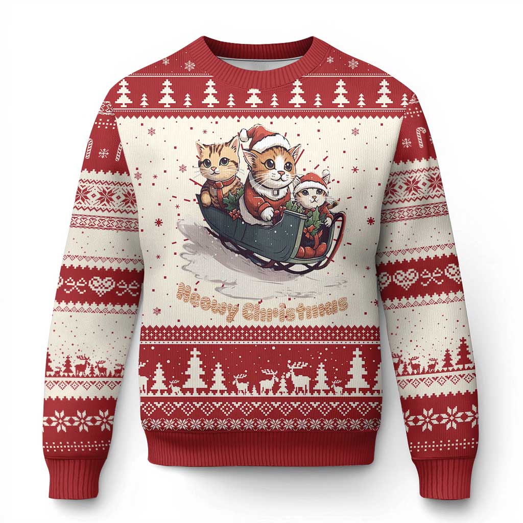 Meowy Christmas Cute Cat Sleigh Ugly Christmas Sweater - Wonder Print Shop