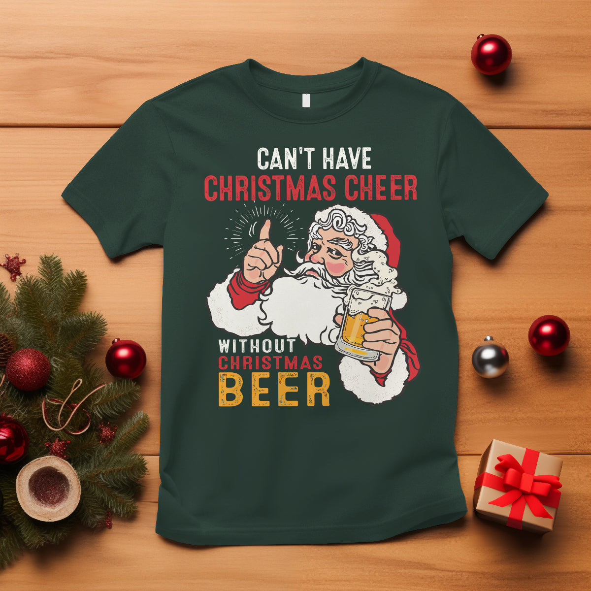 Can't Have Christmas Cheer Without Christmas Beer Santa Drinking T Shirt - Wonder Print Shop