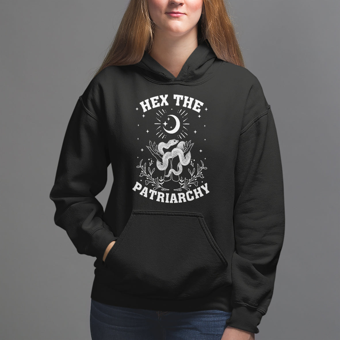Feminist Witch Hoodie Hex The Patriarchy Celestial Moon Snake - Wonder Print Shop