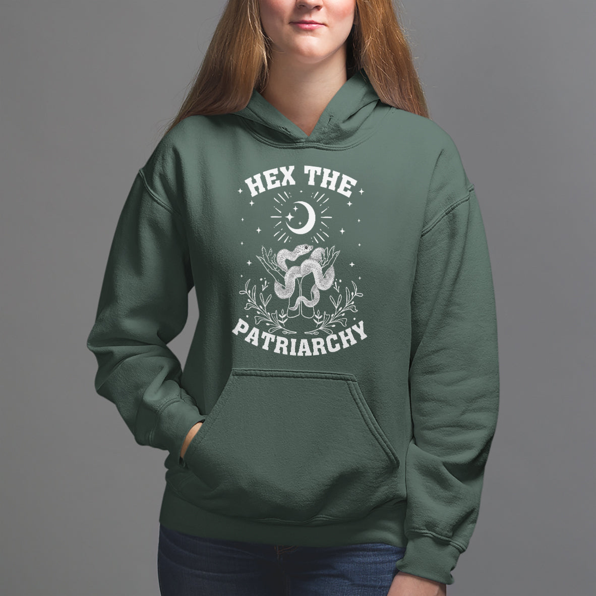 Feminist Witch Hoodie Hex The Patriarchy Celestial Moon Snake - Wonder Print Shop
