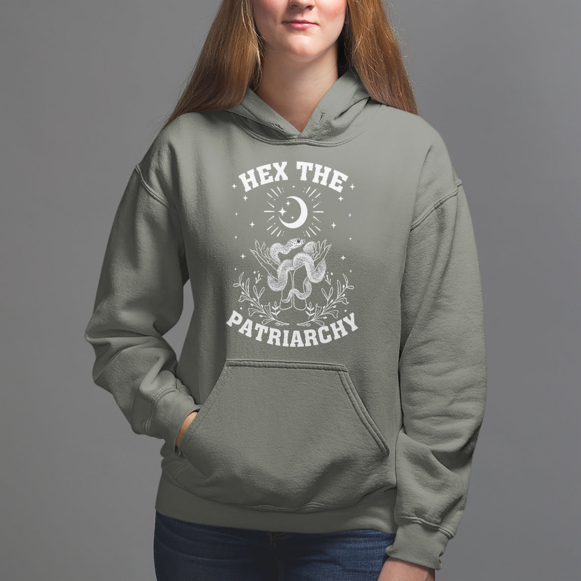 Feminist Witch Hoodie Hex The Patriarchy Celestial Moon Snake - Wonder Print Shop