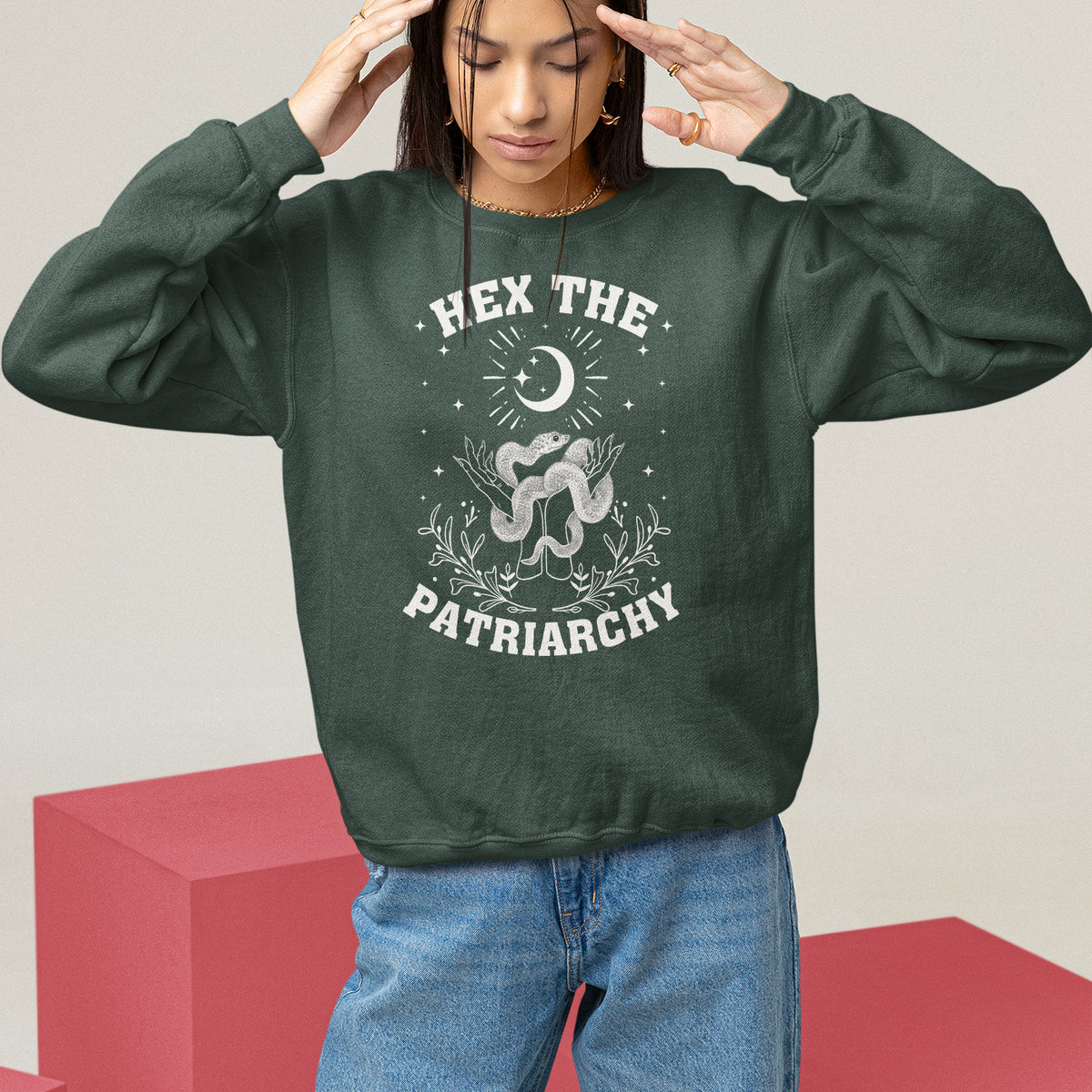 Feminist Witch Sweatshirt Hex The Patriarchy Celestial Moon Snake - Wonder Print Shop
