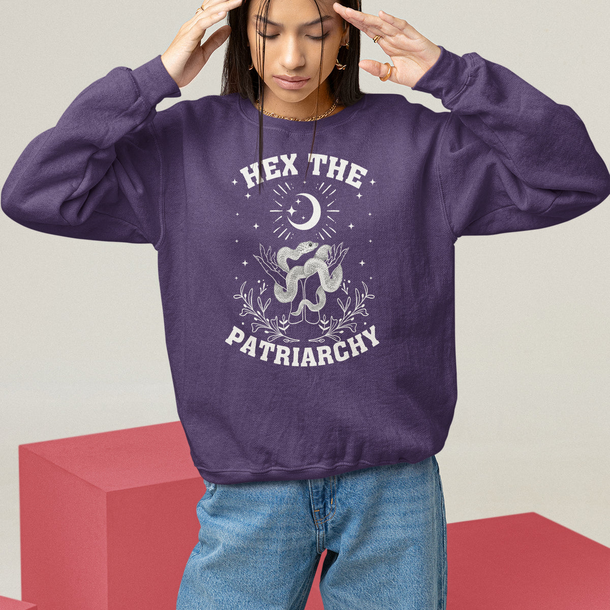 Feminist Witch Sweatshirt Hex The Patriarchy Celestial Moon Snake - Wonder Print Shop