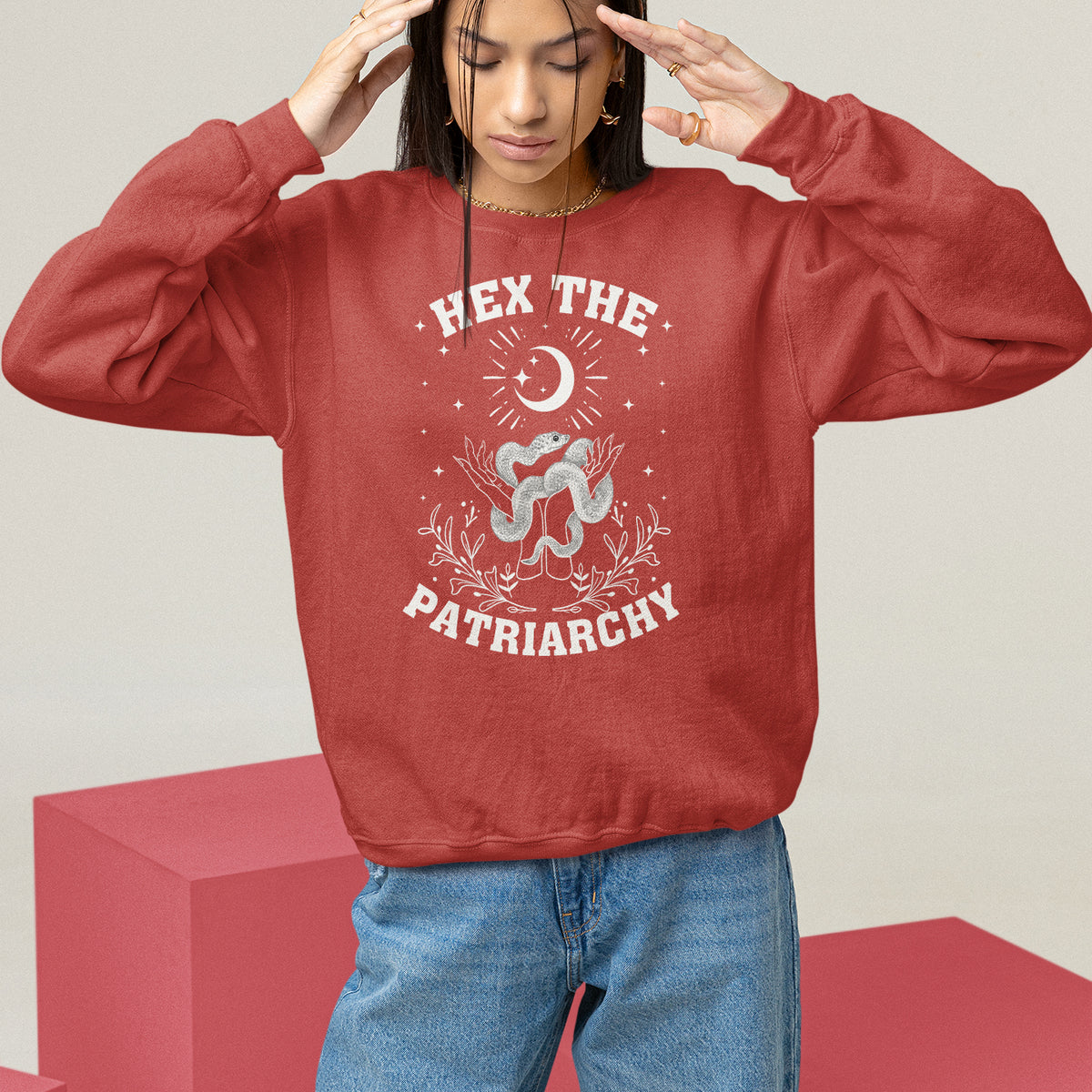 Feminist Witch Sweatshirt Hex The Patriarchy Celestial Moon Snake - Wonder Print Shop