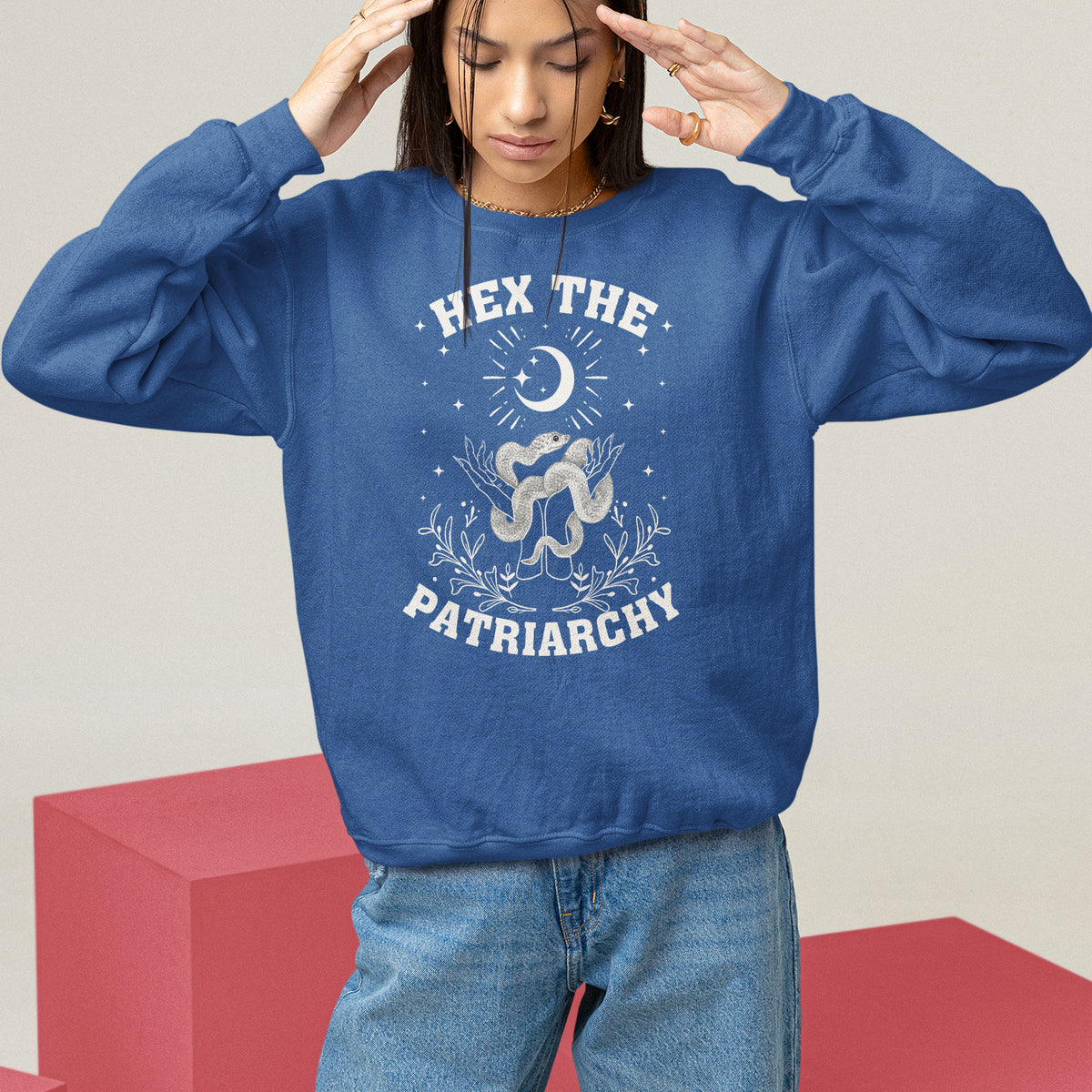 Feminist Witch Sweatshirt Hex The Patriarchy Celestial Moon Snake - Wonder Print Shop