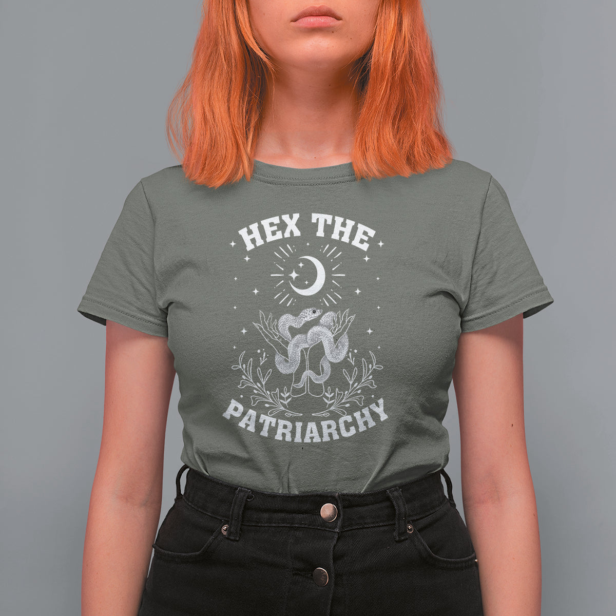 Feminist Witch T Shirt For Women Hex The Patriarchy Celestial Moon Snake - Wonder Print Shop