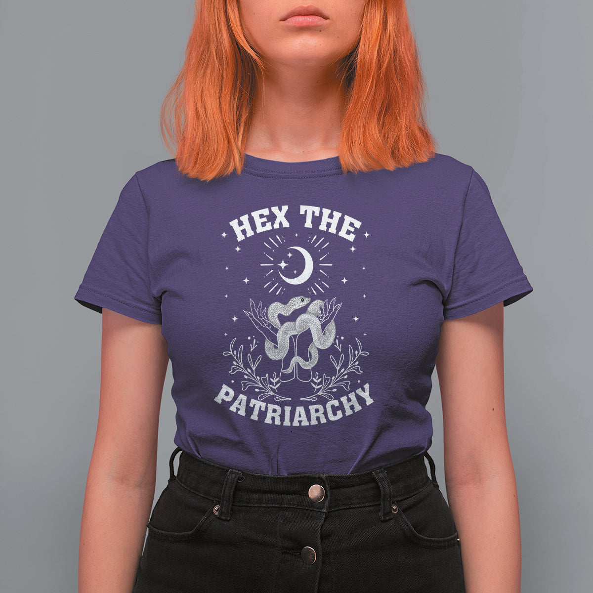 Feminist Witch T Shirt For Women Hex The Patriarchy Celestial Moon Snake - Wonder Print Shop