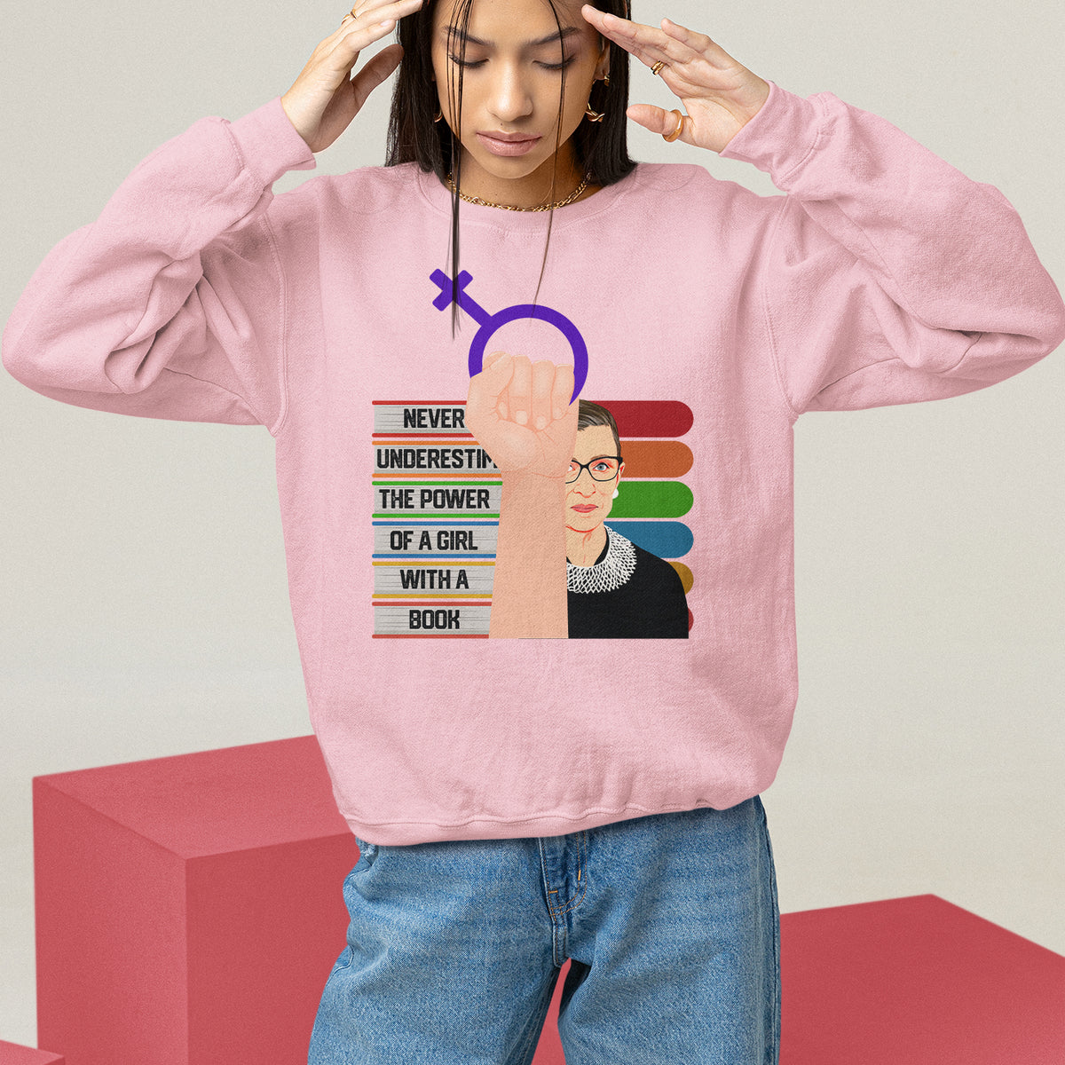 Feminist Sweatshirt Never Underestimate The Power Of A Girl With A Book RBG - Wonder Print Shop