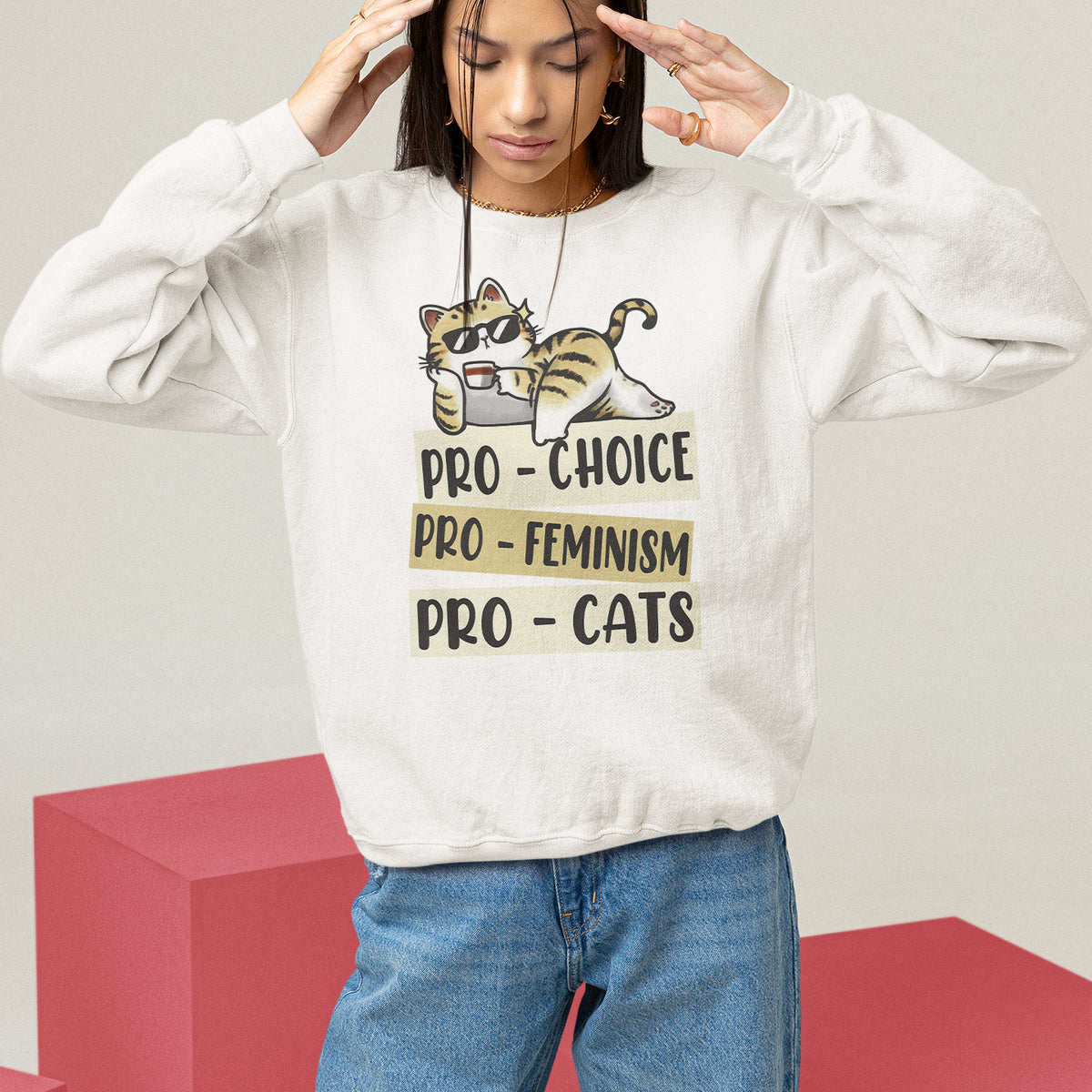 Feminist Sweatshirt Pro Choice Pro Feminism Pro Cats Funny Cat Coffee - Wonder Print Shop