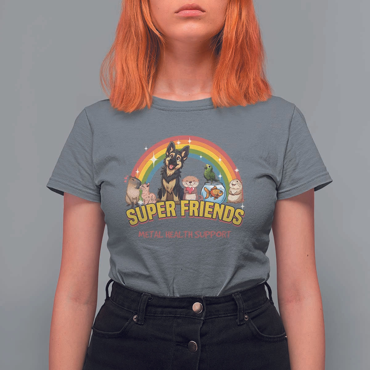 Mental Health Support T Shirt For Women Super Friends Cute Animals Dog Cat Capybara Otter - Wonder Print Shop