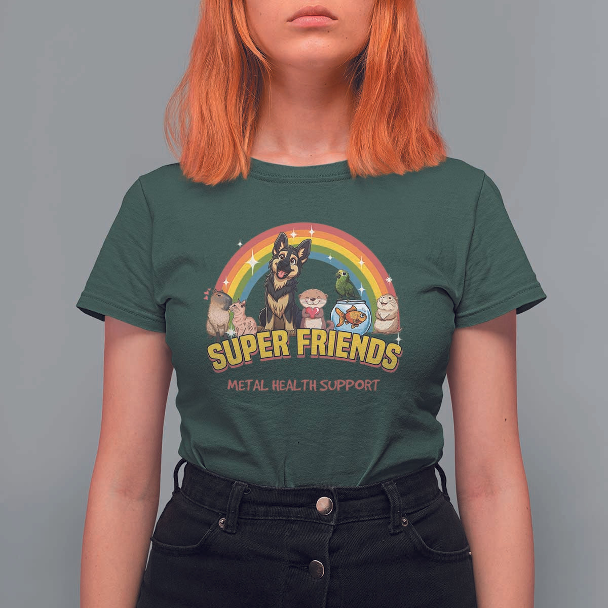 Mental Health Support T Shirt For Women Super Friends Cute Animals Dog Cat Capybara Otter - Wonder Print Shop