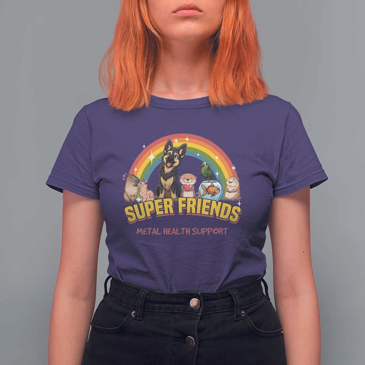 Mental Health Support T Shirt For Women Super Friends Cute Animals Dog Cat Capybara Otter - Wonder Print Shop