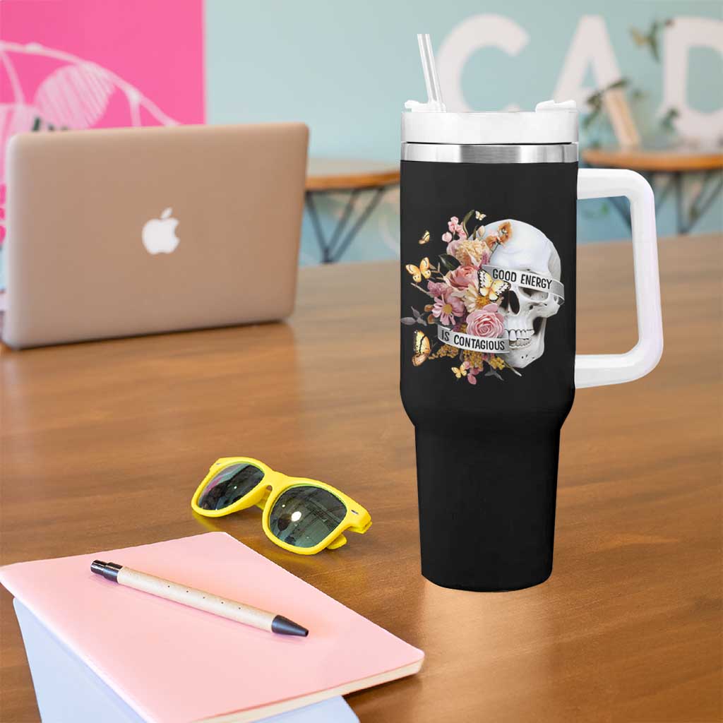 Mental Health Tumbler With Handle Good Energy Is Contagious Skull Flowers