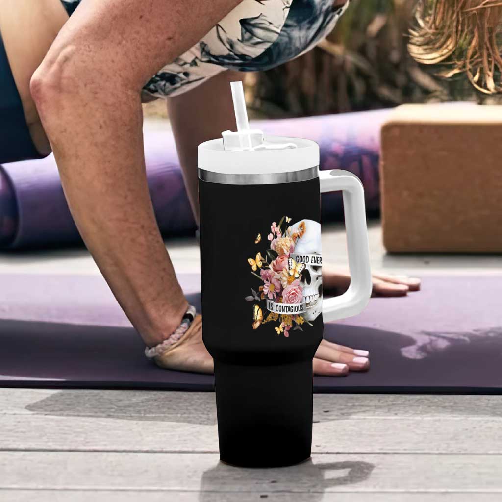 Mental Health Tumbler With Handle Good Energy Is Contagious Skull Flowers