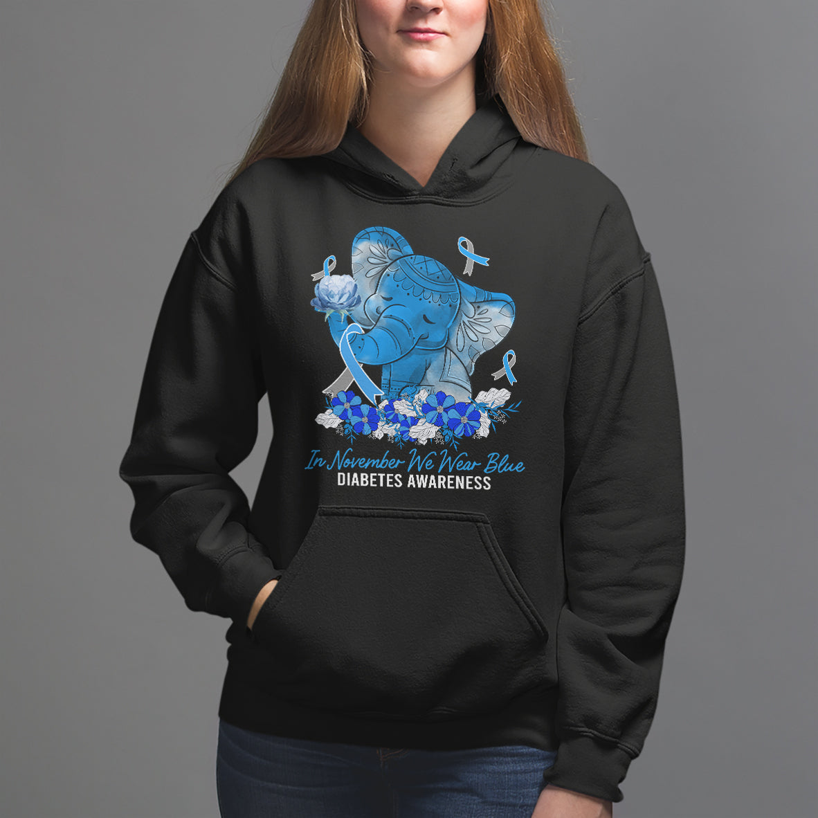 In November We Wear Cute Blue Elephant Diabetes Awareness Hoodie - Wonder Print Shop
