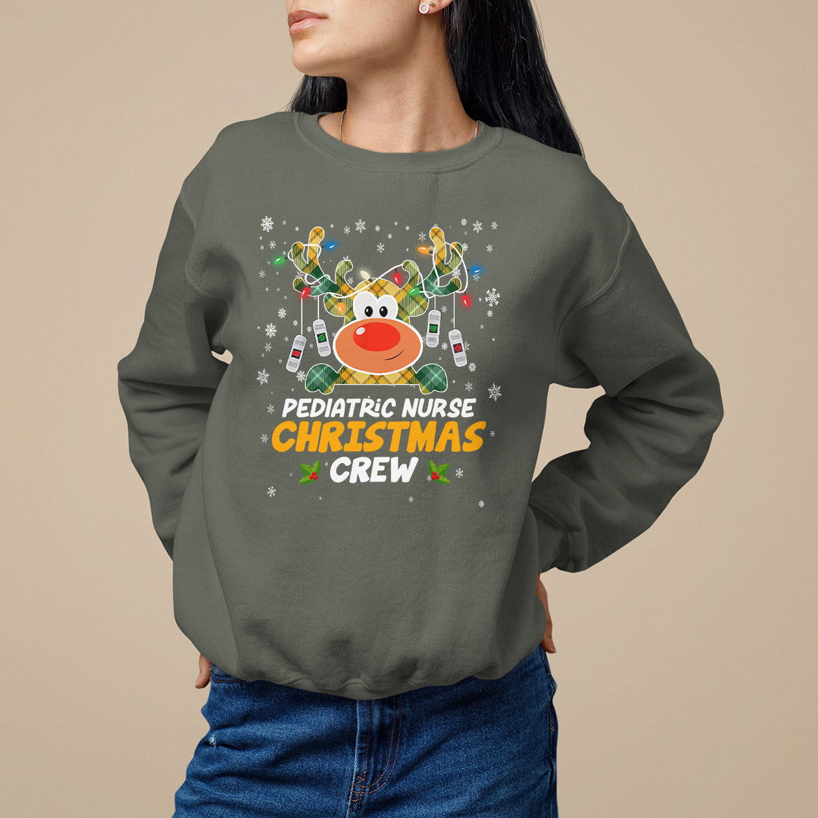 Pediatric Nurse Christmas Crew Cute Reindeer Light Sweatshirt - Wonder Print Shop