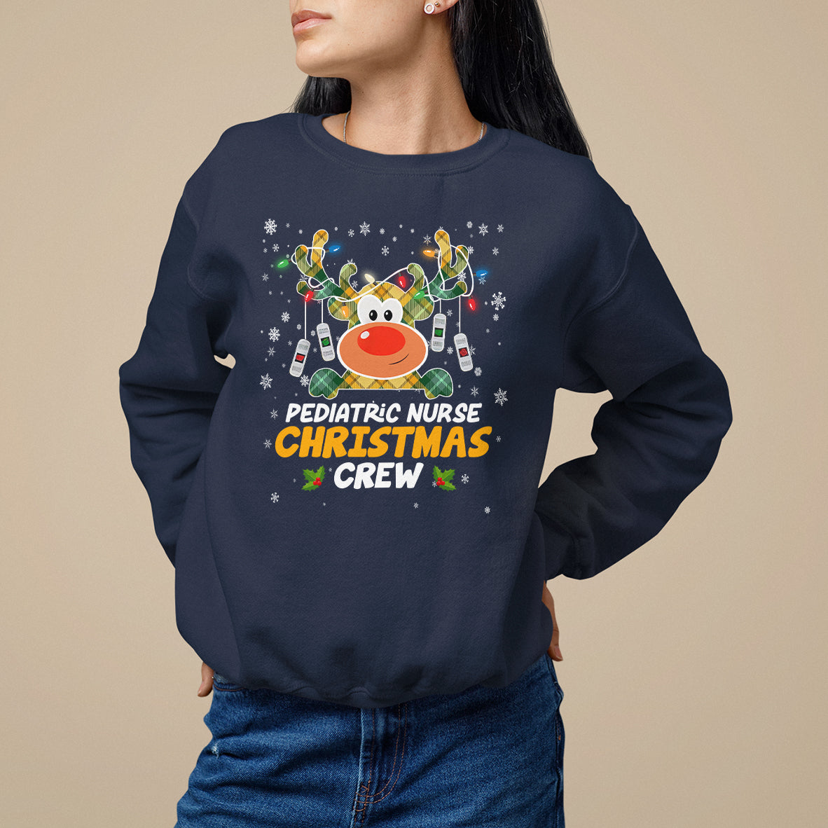 Pediatric Nurse Christmas Crew Cute Reindeer Light Sweatshirt - Wonder Print Shop