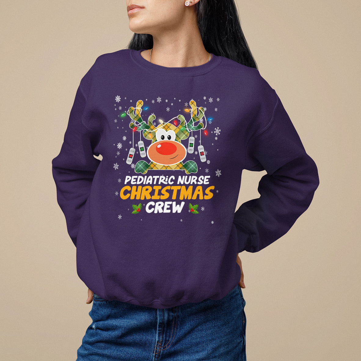 Pediatric Nurse Christmas Crew Cute Reindeer Light Sweatshirt - Wonder Print Shop