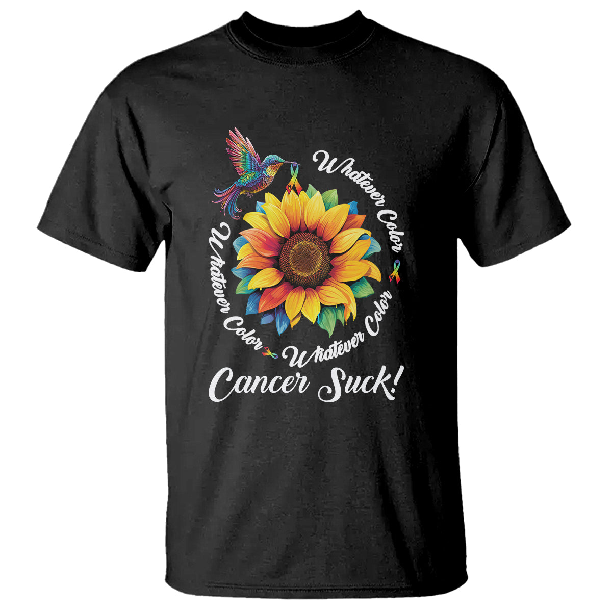 Whatever Color Cancer Sucks Fight Cancer Rainbow Ribbons Sunflower And Bird T Shirt - Wonder Print Shop