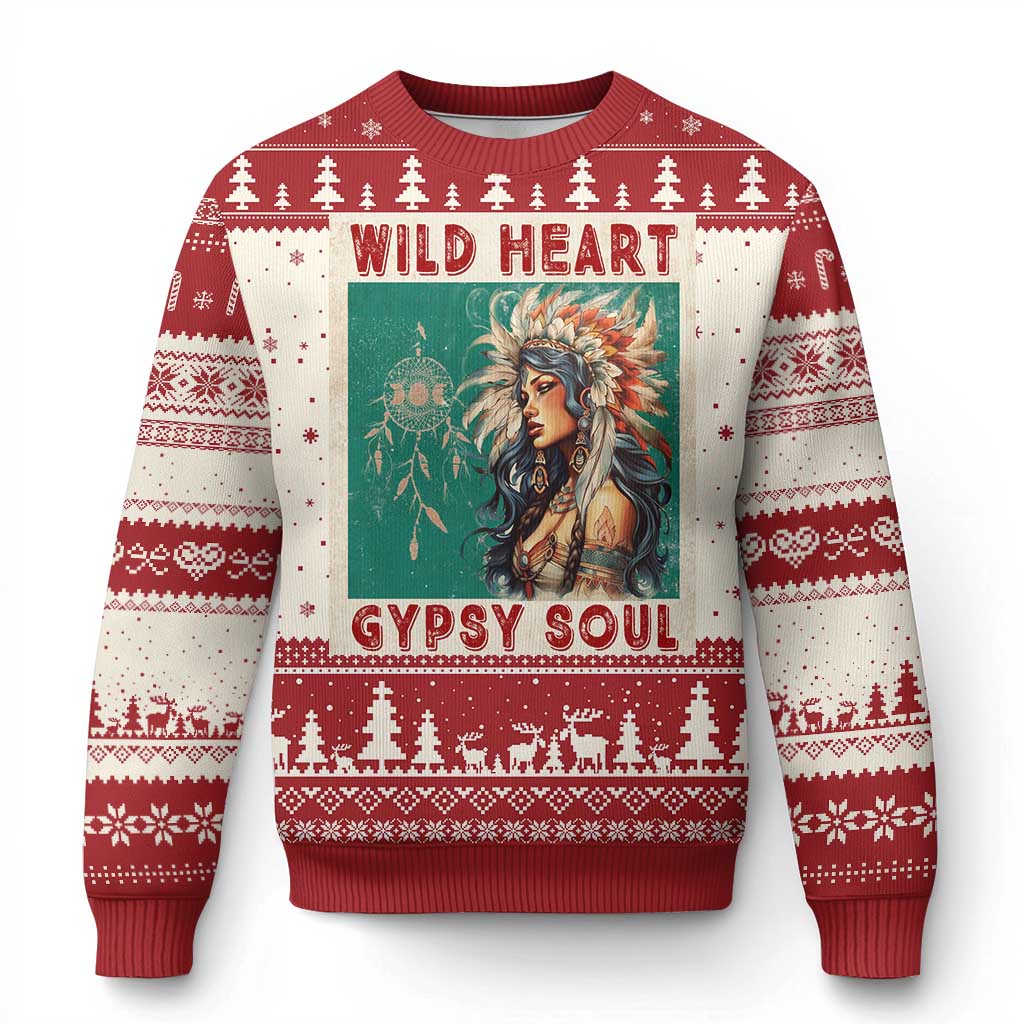 Native American Ugly Christmas Sweater Wild Heart Gypsy Soul Women - Wonder Print Shop