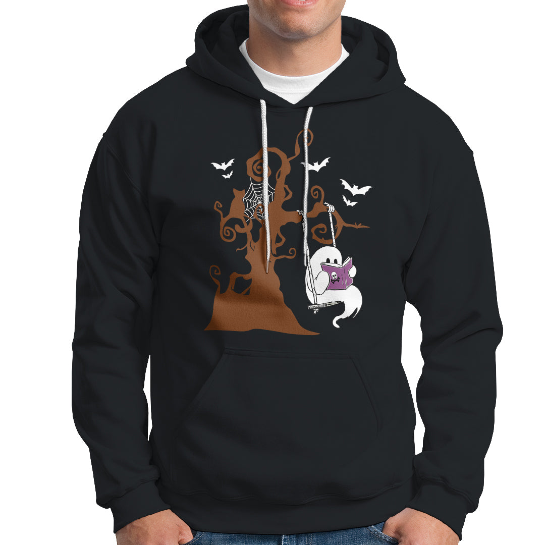Halloween Bookaholic Hoodie Cute Ghost Swing Reading Book - Wonder Print Shop