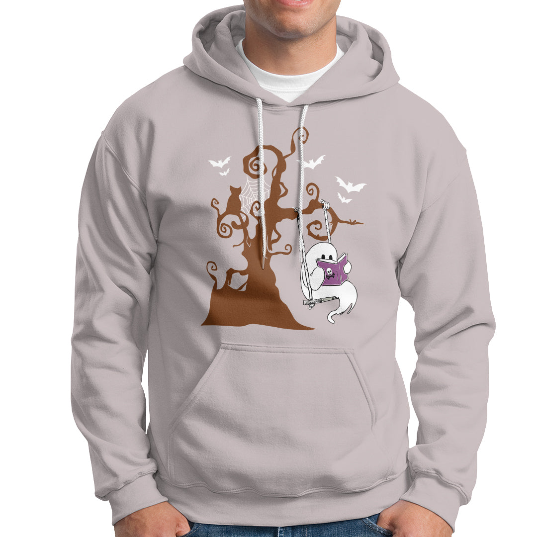 Halloween Bookaholic Hoodie Cute Ghost Swing Reading Book - Wonder Print Shop