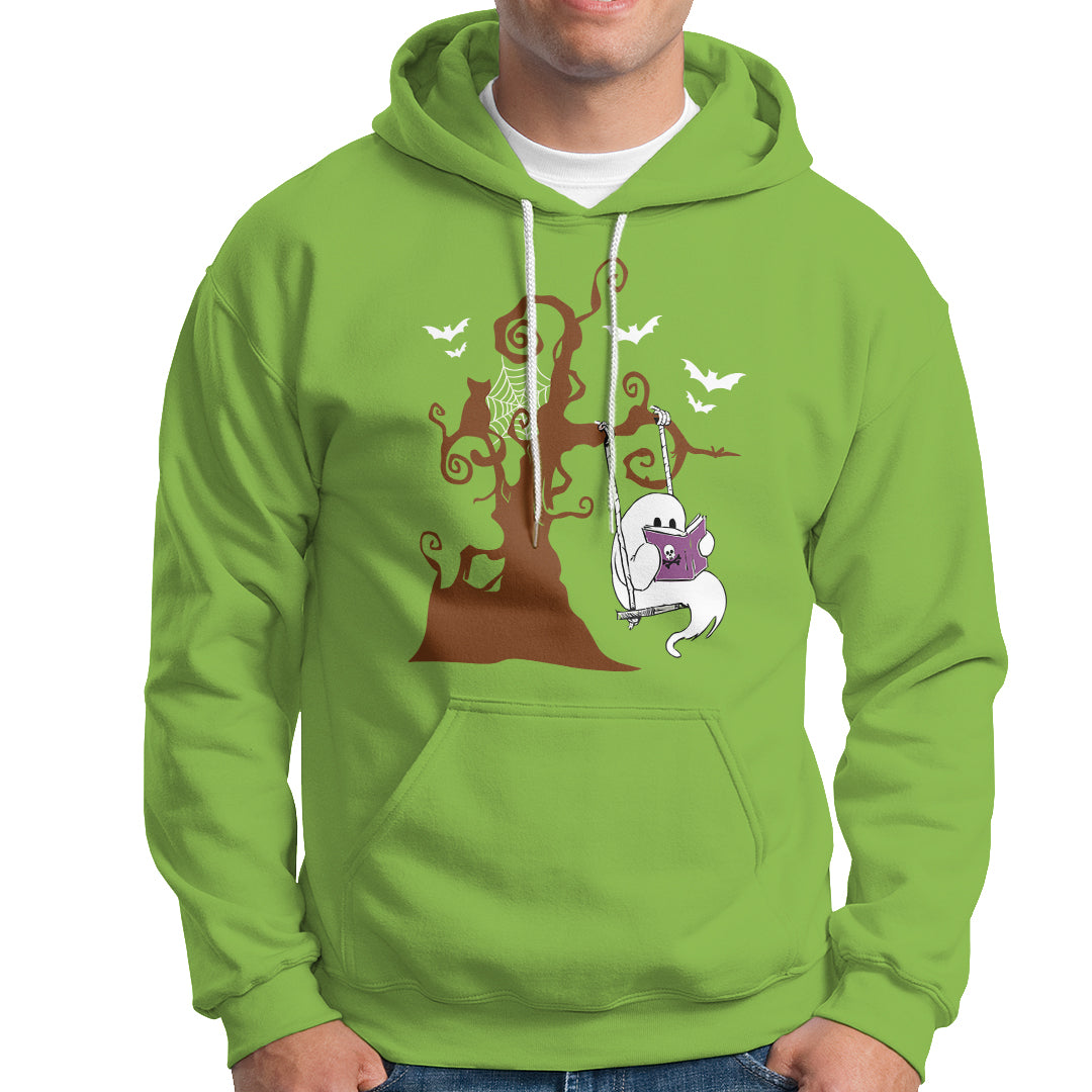 Halloween Bookaholic Hoodie Cute Ghost Swing Reading Book - Wonder Print Shop