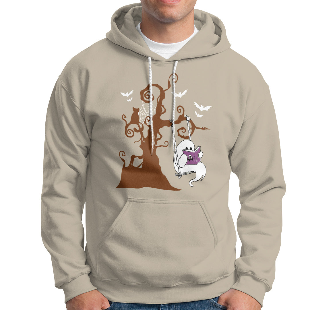 Halloween Bookaholic Hoodie Cute Ghost Swing Reading Book - Wonder Print Shop