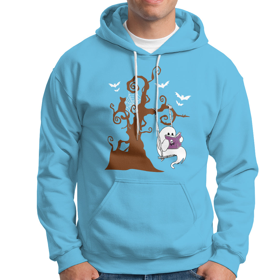 Halloween Bookaholic Hoodie Cute Ghost Swing Reading Book - Wonder Print Shop