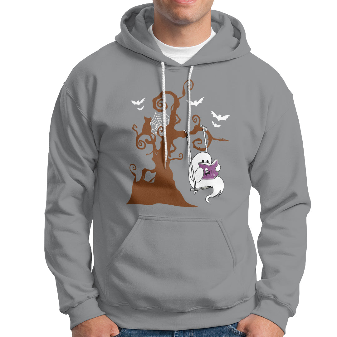 Halloween Bookaholic Hoodie Cute Ghost Swing Reading Book - Wonder Print Shop