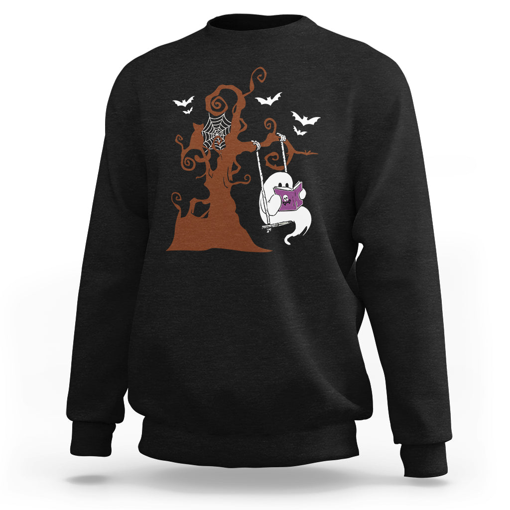 Halloween Bookaholic Sweatshirt Cute Ghost Swing Reading Book - Wonder Print Shop