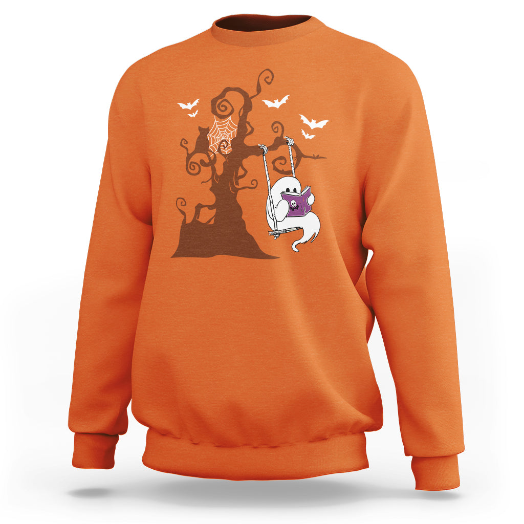 Halloween Bookaholic Sweatshirt Cute Ghost Swing Reading Book - Wonder Print Shop