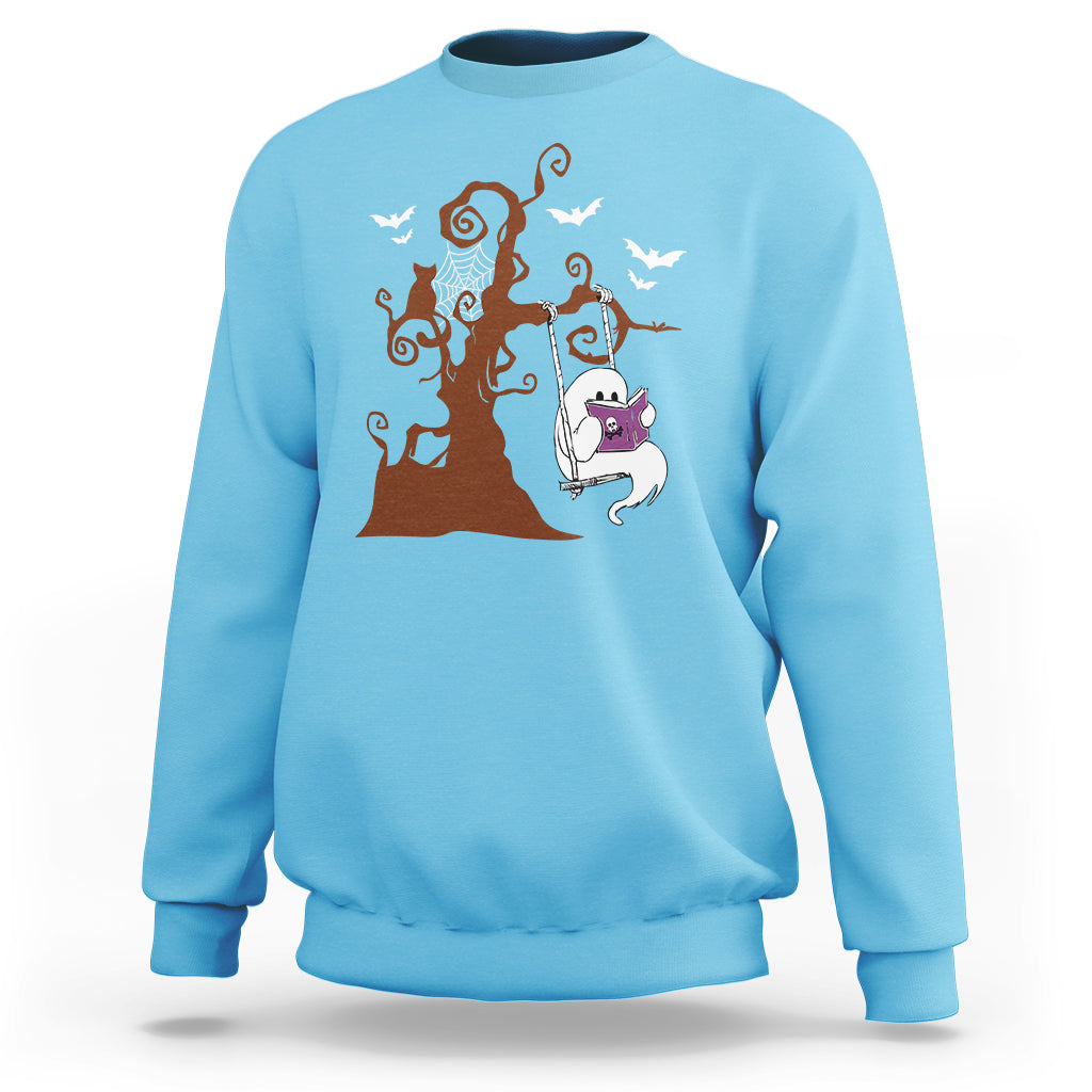 Halloween Bookaholic Sweatshirt Cute Ghost Swing Reading Book - Wonder Print Shop