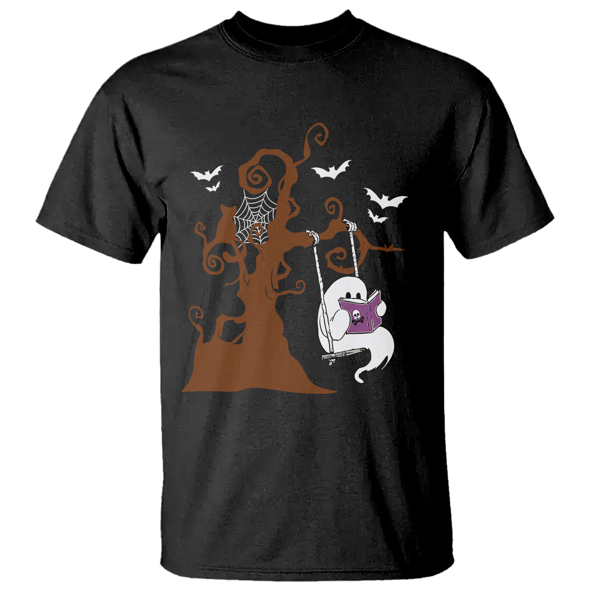 Halloween Bookaholic T Shirt Cute Ghost Swing Reading Book - Wonder Print Shop