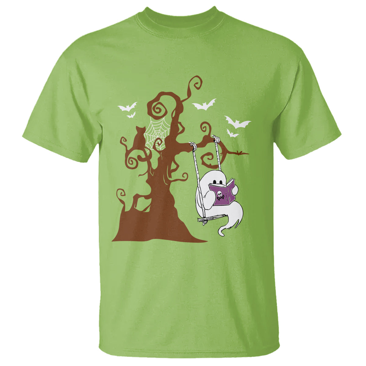 Halloween Bookaholic T Shirt Cute Ghost Swing Reading Book - Wonder Print Shop