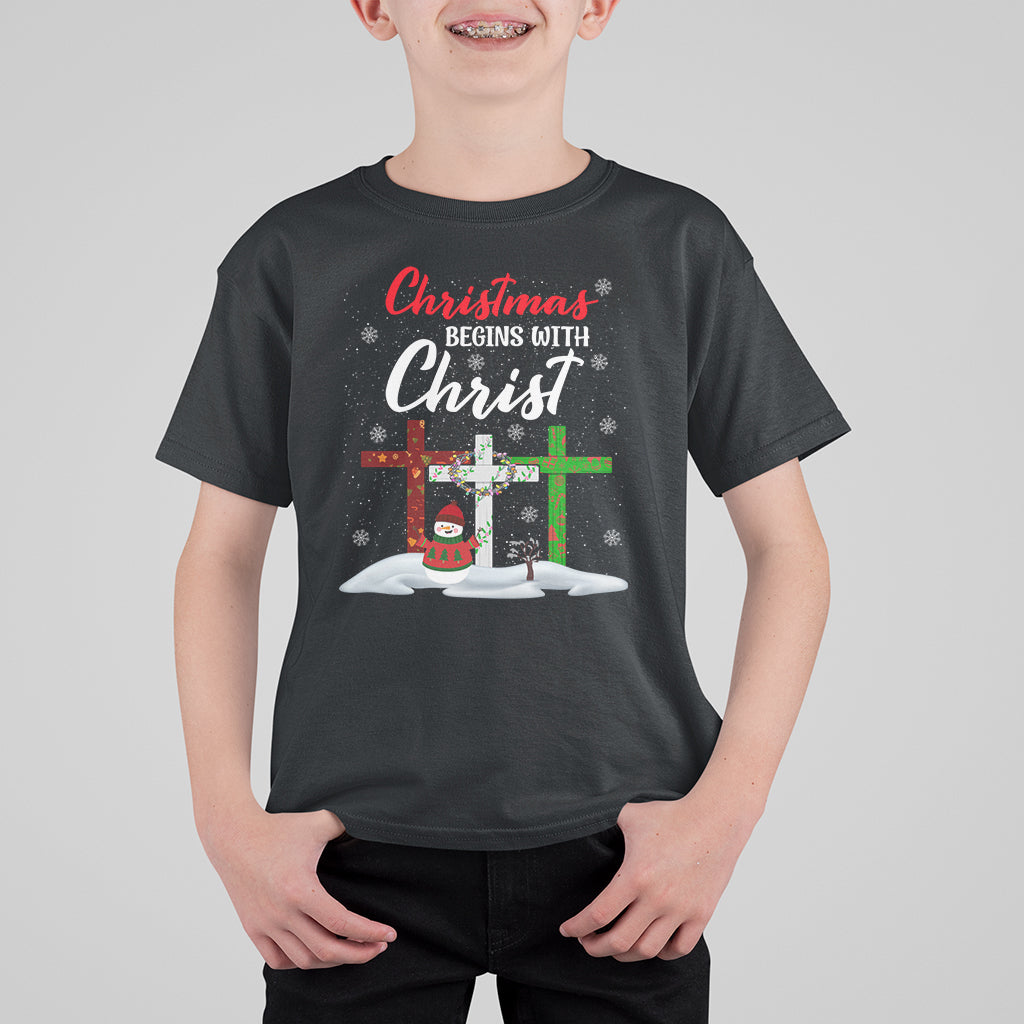 Christmas Begins With Christ Snowman Christian Cross T Shirt For Kid - Wonder Print Shop