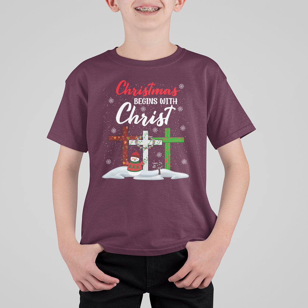 Christmas Begins With Christ Snowman Christian Cross T Shirt For Kid - Wonder Print Shop