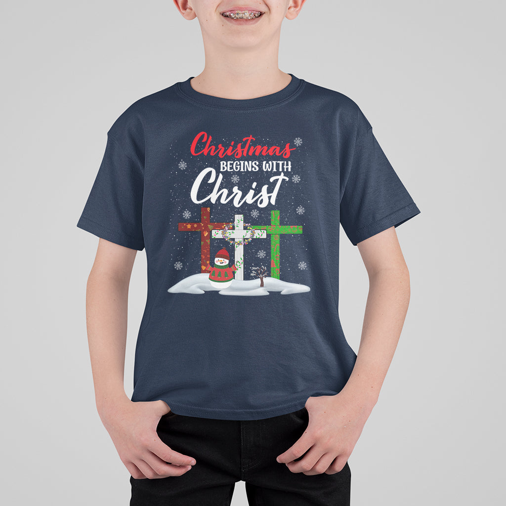 Christmas Begins With Christ Snowman Christian Cross T Shirt For Kid - Wonder Print Shop